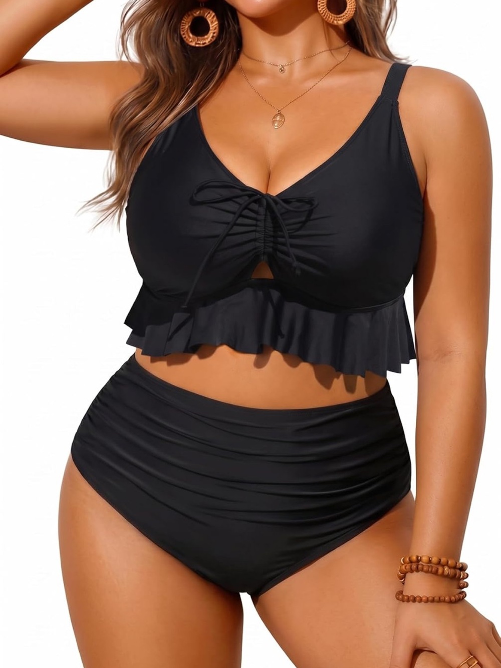 Women’s Black Ruffle High-Waist Bikini Set